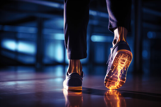 Generative AI image of glowing shoes on a futuristic runner