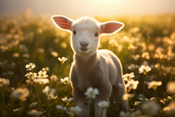 AI Generated Image of cute baby lamb in meadow with spring flowers with Easter holiday theme