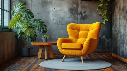Vibrant living room scene with a striking mustard yellow armchair and a natural wooden table for a bold and cozy atmosphere