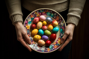 Fototapeta na wymiar AI Generated Image of top view of unrecognizable woman holding big plate with colorful Easter eggs