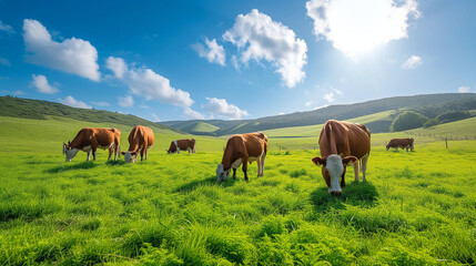 Obraz premium Cows herd on a grass field during the summer at sunset. A cow is looking at the camera sun rays are piercing behind her horns. Black and white cows in a grassy field on a bright and sunny day. 
