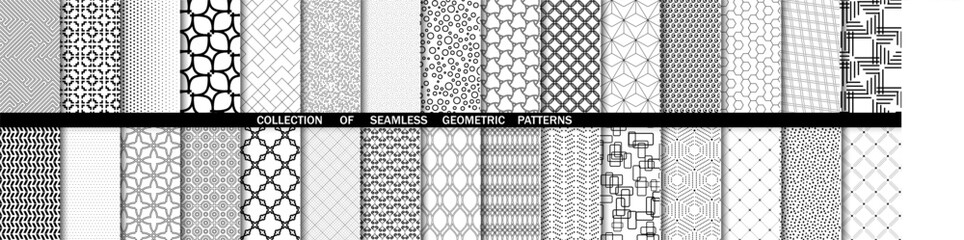 Set of geometric seamless black white patterns. Collection of geometric vector abstract ornament. Set of modern backgrounds with repeating elements