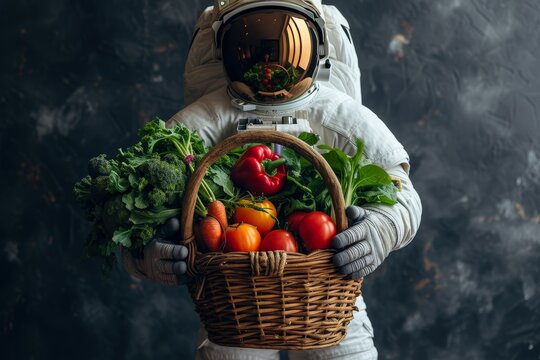 Exploring the outer reaches of a healthy lifestyle, a person in a space suit carefully tends to a basket overflowing with vibrant vegetables and succulent fruits, embodying the essence of natural, wh