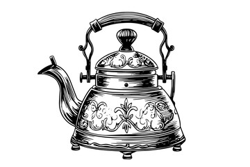 Retro kettle hand drawn ink sketch. Engraved style vector illustration. - obrazy, fototapety, plakaty