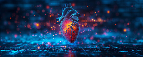 Futuristic medical research or heart cardiology health care with diagnosis vitals infographic biometrics for clinical and hospital - obrazy, fototapety, plakaty