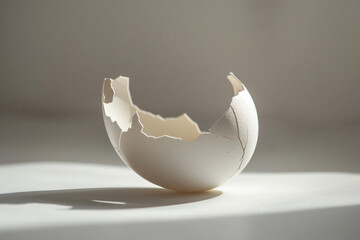 A broken eggshell stands alone on a white stage, whispering tales of ephemerality and renewal - obrazy, fototapety, plakaty