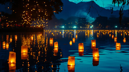 Soft Glow of Water Lanterns on a Festive Evening 