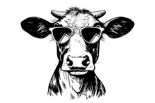 Cow head in sunglasses hand drawn ink logotype sketch. Engraved style vector illustration.
