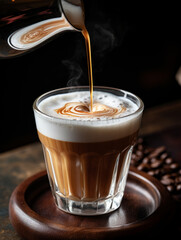 coffee latte with cream being poured into it showing the texture and refreshing look of the drink
