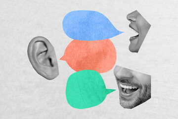 Creative collage picture illustration black white filter three human communication distance chat...