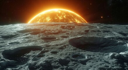 Fototapeta premium Amidst the vast expanse of outer space, a planet with snowy terrain is illuminated by a radiant sun and a distant moon, showcasing the beauty and wonder of our universe