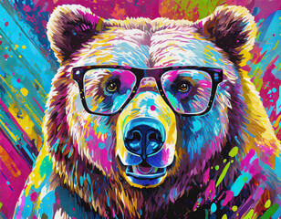 Close-up portrait of a bear wearing glasses. Digital art of a multi-colored grizzly bear, graffiti - generated by ai - obrazy, fototapety, plakaty