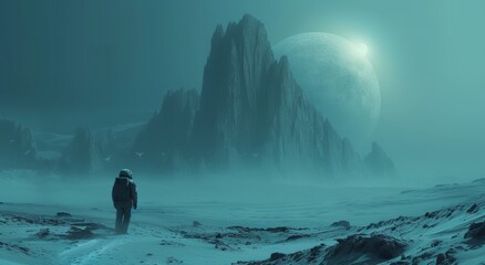 A lone figure braves the snowy mountain landscape, their breath visible in the foggy winter air as they hike through the serene and untouched nature - obrazy, fototapety, plakaty