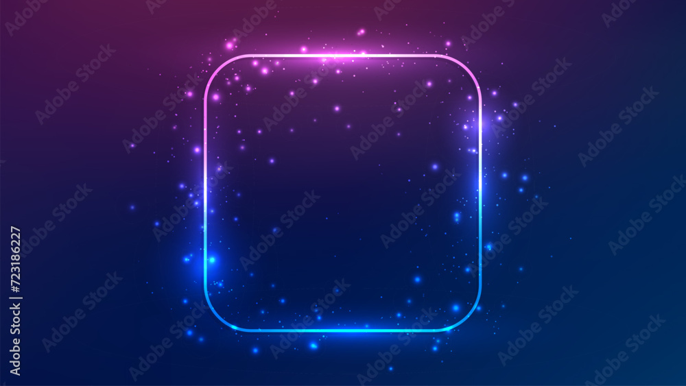 Poster neon rounded square frame with shining effects and sparkles