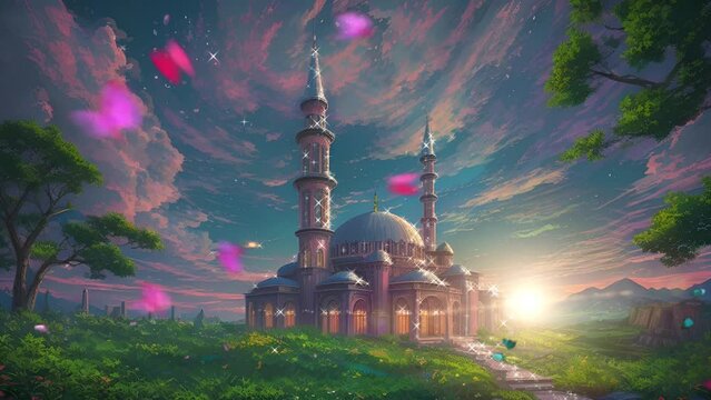 illustration of a mosque Ramadan background. Seamless and looping digital Painting animation style