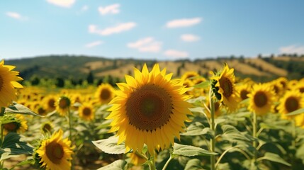 Field of flowers of sunflowers, blue sky and white clouds in the background