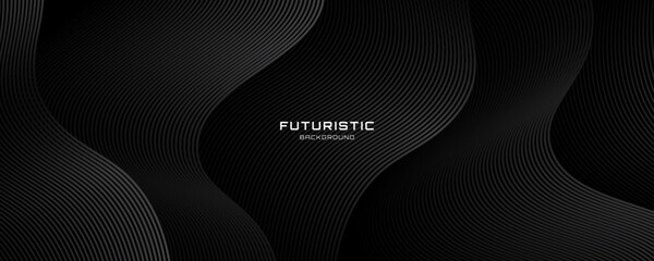 3D black geometric abstract background overlap layer on dark space with waves lines decoration. Minimalist modern graphic design element cutout style concept for banner, flyer, card, or brochure cover