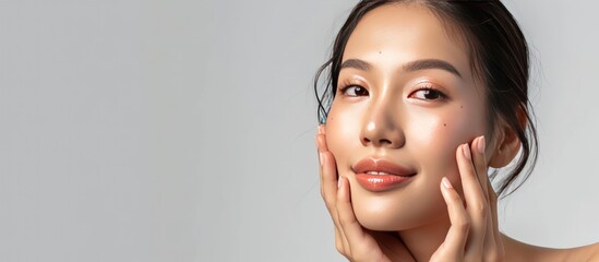 Portrait asian woman model with beautiful natural face healthy facial skin cosmetic. AI generated - obrazy, fototapety, plakaty