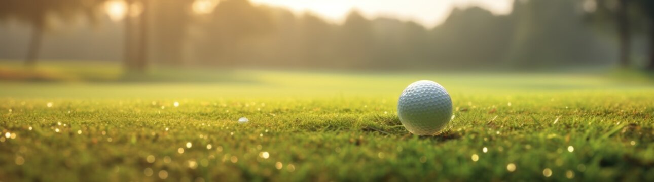 Closeup a white golf ball on green golf course with sunlight. AI generated image