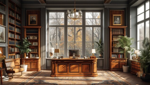 A cozy home office with a spacious window, organized shelves, and a sleek desk for a tranquil and productive indoor space