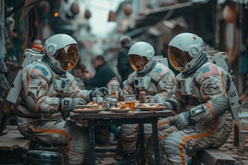 A group of soldiers in their crisp, uniform space suits enjoy a hearty meal at an outdoor table, their helmets resting beside them as they bond over their shared experiences on the military's toughes - obrazy, fototapety, plakaty