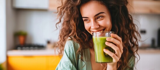 Happy young woman drinking a glass fresh green healthy smoothie at home. AI generated - 723188293