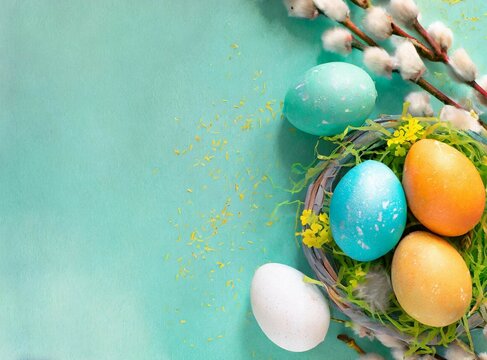 Easter eggs green background with copy space