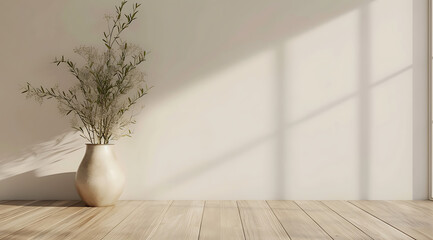Fototapeta na wymiar a white room with a wooden floor and a plant in an up