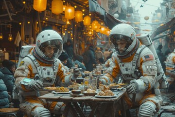 Two astronauts, suited up and protected by their helmets, share a meal at an outdoor table in the middle of a bustling city street, representing the merging of technology and humanity in the vastness