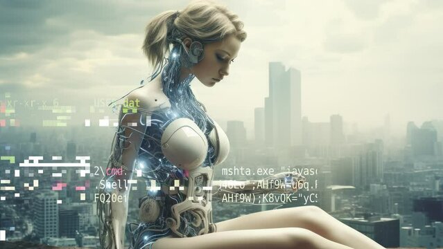 technology female robot cyborg in dystopian cityscape made with AI generative art
