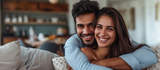 Happy couple mid adult indian man hug her latin woman at living room. AI generated image