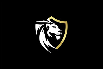 Beautiful mane lion head golden shield emblem logo design