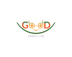 Good Food logo design template. Vector color hand like illustration background. Graphic fork icon symbol for cafe, restaurant, cooking business.