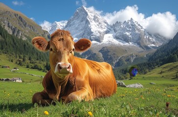 Fototapeta na wymiar A peaceful dairy cow basks in the idyllic landscape of a vast grassy field, surrounded by majestic mountains and a vibrant blue sky