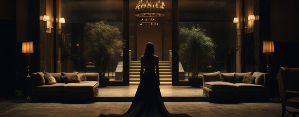 Beautiful woman walking on luxury lounge hotel at evening. AI generated image