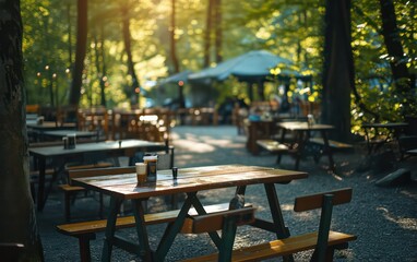 Outdoor cafe in forest spring beautiful bokeh light and shadows