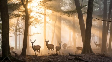 Deer in Misty Forest at Sunrise
