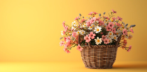 a wicker basket containing flower bouquets on a yello