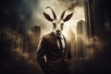 Anthropomorphic male goat dressed in a stylish suit exuding an air of authority and success on a backdrop of a moody cityscape with skyscrapers. Business finance concept - obrazy, fototapety, plakaty