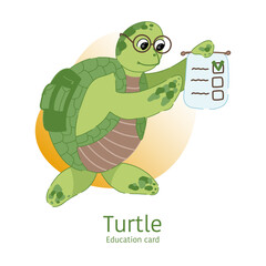 Student turtle in cartoon style. Hand drawn cute education card with an inscription.