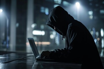 Faceless hacker in a dark hoodie with laptop