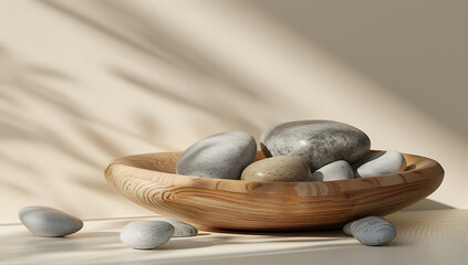 a wooden dish and some stones in