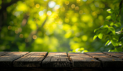a wooden platform and trees in - obrazy, fototapety, plakaty