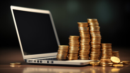 a laptop computer sitting on top of a pile of gold coins, computer graphics, trending on pixels, les automates, stock photo, stock photo, AI Generative