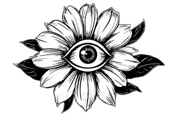 Flower with eye psychodelic vector illustration. Engraved style template - obrazy, fototapety, plakaty