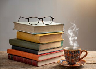 Naklejka premium a stack of colorful hardcover books in A rustic wooden table with a white wall, A vintage-style reading glasses and a cup of steaming coffee beside the books. 