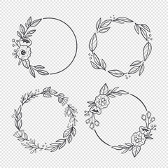 Floral wreaths. Hand drawn botanical vector illustration. For greeting cards, wedding invitations, label design... Black and white floral decorative frames.