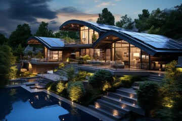A modern sustainable home with solar panels and extensive glazing overlooks a reflective pool during twilight. Save planet concept