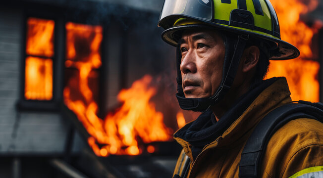male firefighter asian with a cloud of fire and smoke in the background. 911 is a firefighter fighting fire. Brave people dangerous work. dangerous situation, the intensity and bravery. banner