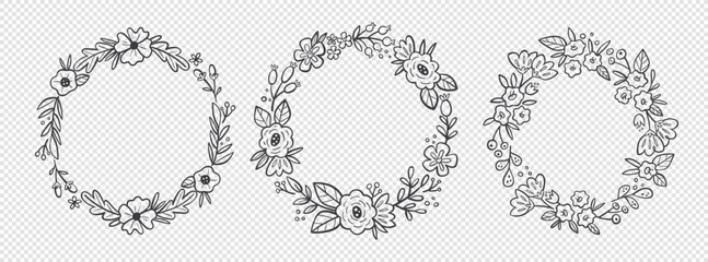 Floral wreaths. Hand drawn botanical vector illustration. For greeting cards, wedding invitations, label design... Black and white floral decorative frames.